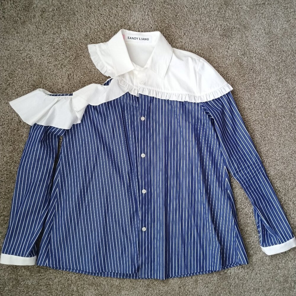 Sandy Liang Asymmetric Blue and White Button Down Shirt
